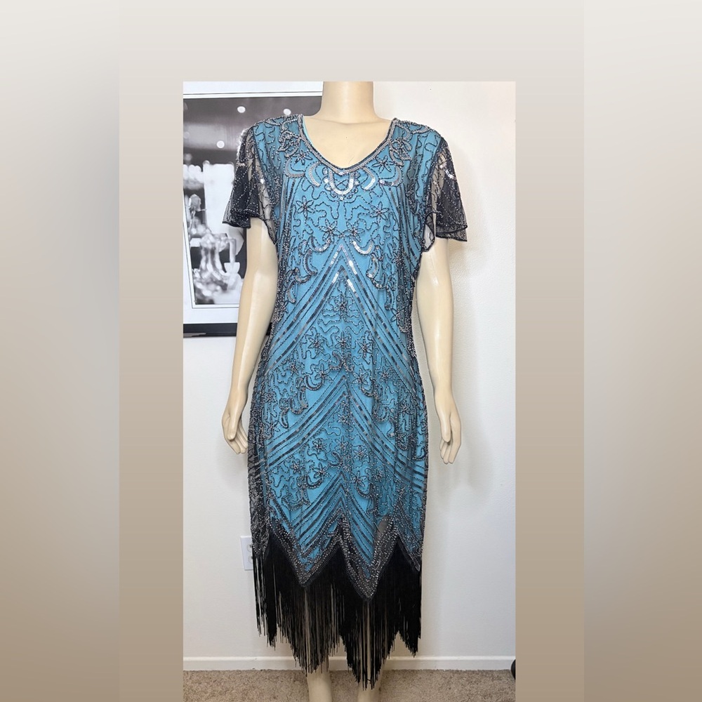 Teal & Black Sequin Embellished Fringed Flapper Gatsby Dress Size 3XL - Picture 4 of 8